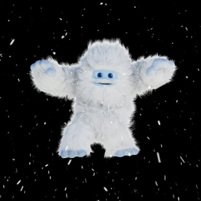 White furry 3D creature with raised arms.