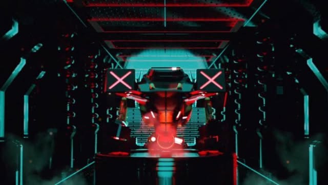 Futuristic red-and-blue 3D tunnel scene.